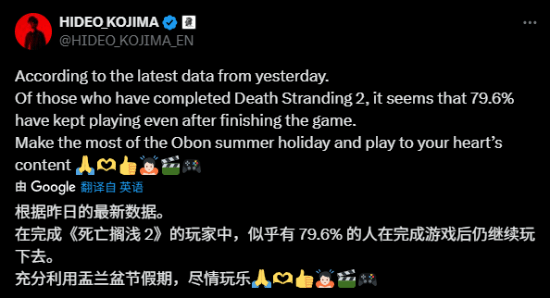 《死亡搁浅2》通关后继续游玩玩家比例上升,达到79.6%(图2)