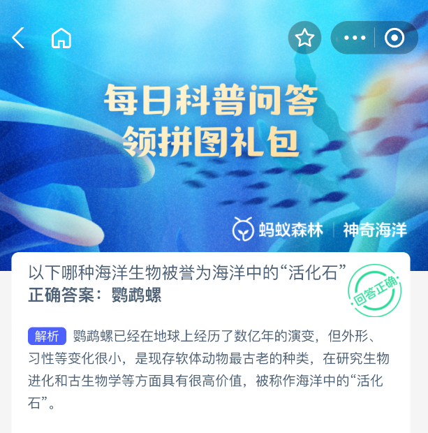以下哪种海洋生物被誉为海洋中的活化石(图2)