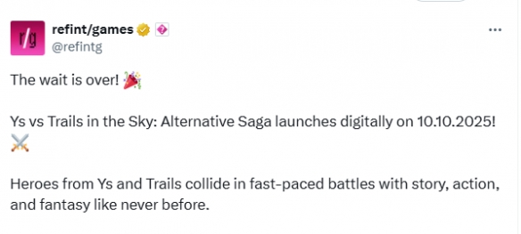 《伊苏vs空之轨迹：抉择传奇》发售日确认！10月上线(图1)