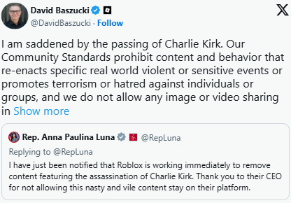 股价应声下跌！Roblox全面下架查理柯克遇刺题材游戏(图3)