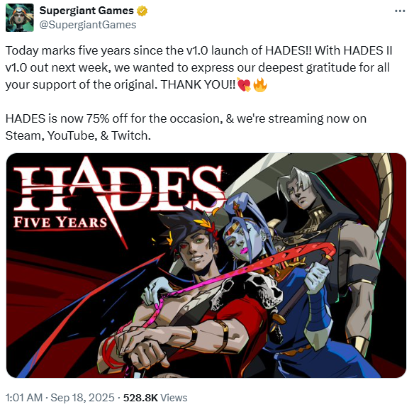 《哈迪斯》现已发售5周年！Steam开启新史低促销(图1)