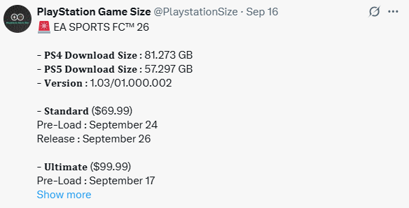 《EA SPORTS FC 26》容量大小曝光：PS5版约57GB！(图2)