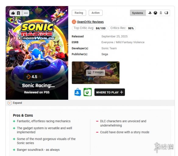 《索尼克赛车》新作媒体评分正式解禁 M站均分为83分(图2)