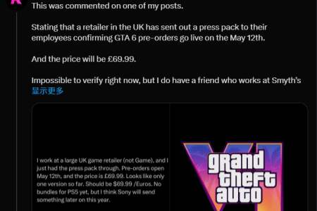 《GTA6》预购偷跑：将于5.12开启预购 售价69.99英镑